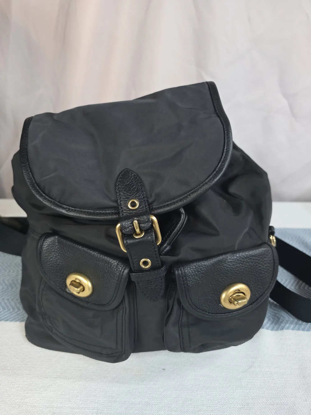 Coach Black Nylon Leather Cargo Backpack with Gold Hardware